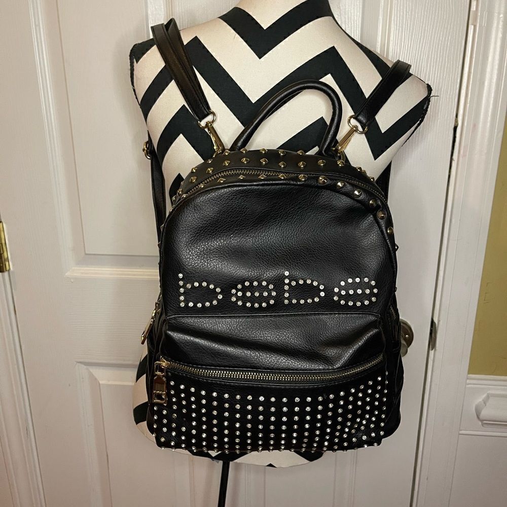 Bebe faux leather black mini backpack with rhinestones and gold studs accents